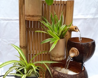 Table top water fountain, indoor handmake fountain, mini handmake fountain weaving wall style hand make from coconut shell and bamboo