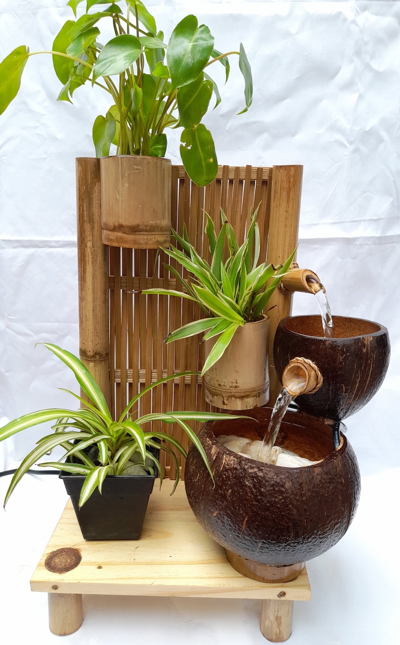 Coconut Shell and Bamboo Table Top Water Fountain