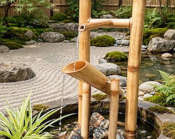 Può includere: Una fontana d'acqua in bambù con design a portale torii, dotata di un beccuccio centrale che versa acqua in una vaschetta di bambù inclinata. La struttura è posta in una vasca in pietra con acqua e ciottoli di fiume, con un piccolo pannello solare.