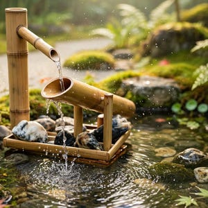 Solarbetriebener Bambusbrunnen Shishi Odoshi | Japanischer Hirschscheuchen-Wasserspiel (ohne Verkabelung)