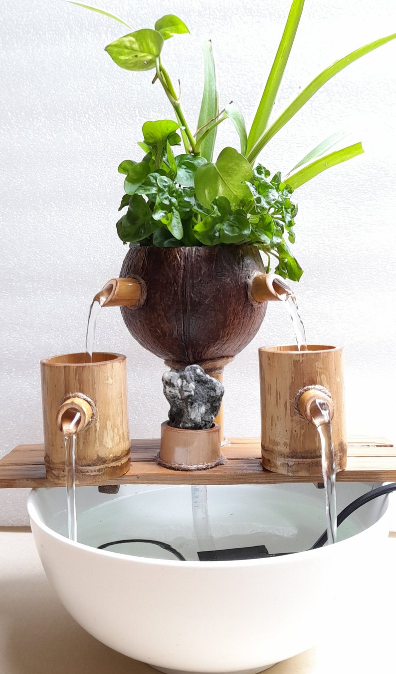 May include: A tabletop water fountain made from natural materials. The fountain features a coconut shell planter with green plants, two bamboo cups, and a white ceramic bowl. Water flows from the coconut shell planter into the bamboo cups and then into the bowl.