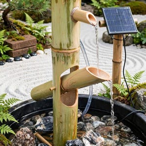 Könnte beinhalten: Ein Bambus-Wasserbrunnen mit einem vertikalen Stab mit schwenkbarem Auslauf, einem kleinen Solarpanel an einem Bambusstab und einem schwarzen Becken, das mit Wasser und verschiedenen Steinen gefüllt ist. Eine grüne Pflanze wächst oben aus dem Bambusstab.