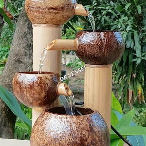 Handmade Coconut Shell Tabletop Fountain, Bamboo Water Feature from real coconut