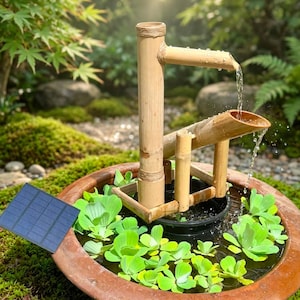 Solarbetriebener Shishi-Odoshi-Brunnen, handgefertigtes japanisches Zen-Garten-Wasserspiel aus Bambus, Hirschscheuche aus Bambus, Schaukelbrunnen für den Außenbereich mit Solarpumpe