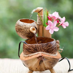 卓上噴水 ココナッツシェル | 手作り竹製ミニ禅噴水 屋内デスク瞑想装飾