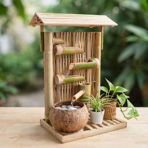 Vierstufiger Bambus-Kaskadenbrunnen mit Kokosnussschalen-Schale | Mini-Tischbrunnen für den Zen-Stil