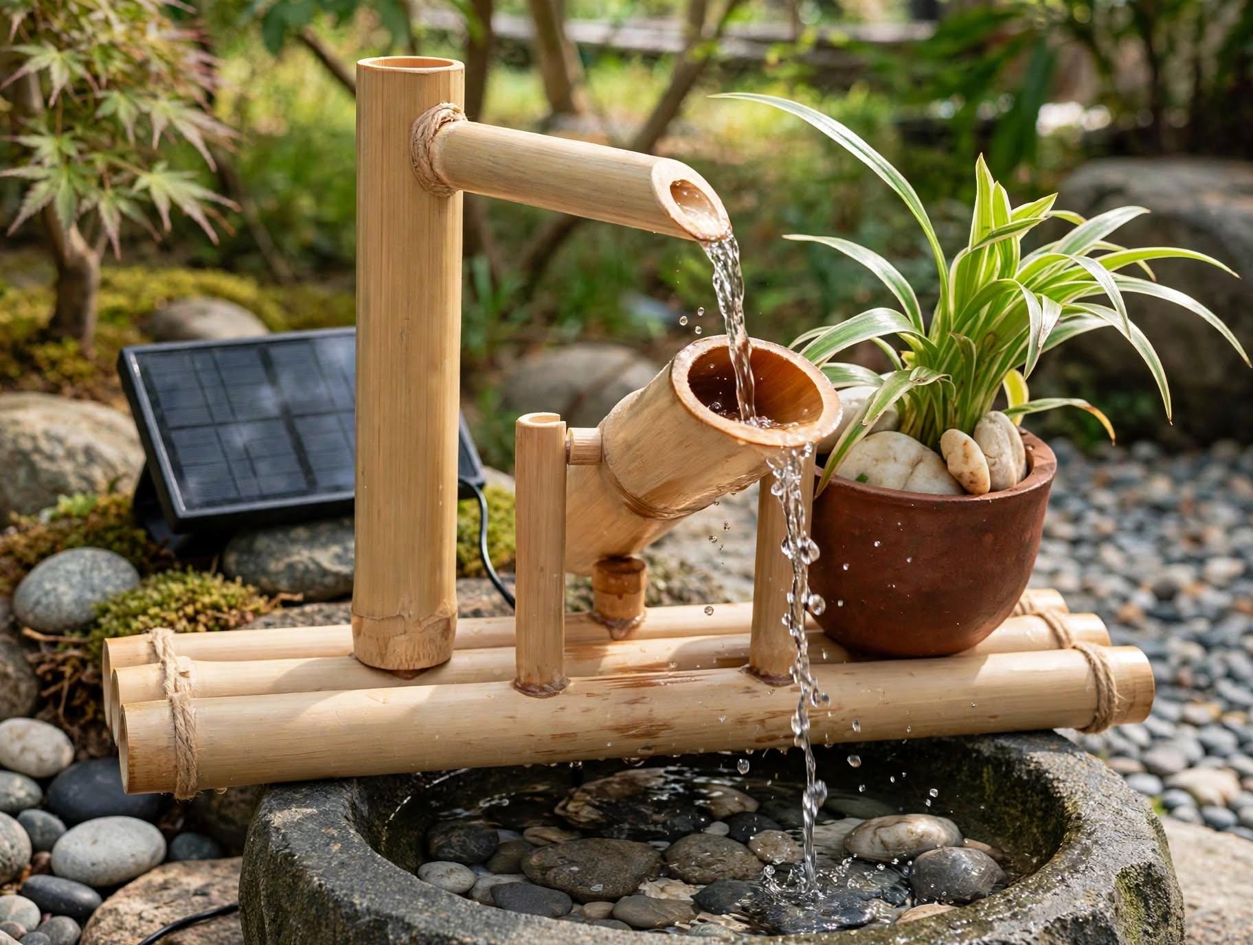 卓上ソーラー竹製噴水（日本風）｜手作りの獅子おどし｜小さな禅庭の