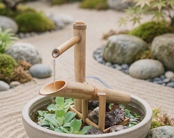 Shishi Odoshi Bamboo Fountain | Japanese Zen Water Feature | Handmade Bamboo Water Fountain for Garden