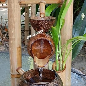 Handmade Coconut Shell & Bamboo Fountain, Japanese style with handmake roof