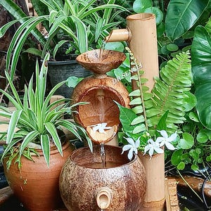 Handmade Coconut Shell Tabletop Fountain - Bamboo Indoor Water Feature