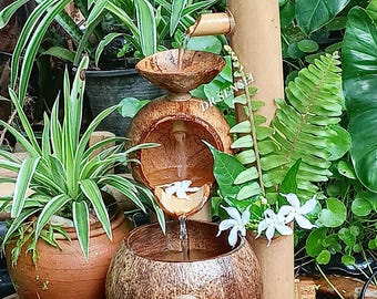 Handmade Coconut Shell Tabletop Fountain - Bamboo Indoor Water Feature