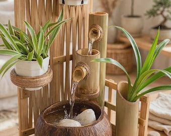 Handmade Coconut Shell Tabletop Fountain with Bamboo Weaving Wall - Zen Indoor Water Fountain, Mini Desk Fountain