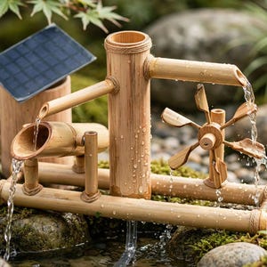 Op de afbeelding: Een bamboe waterfontein met een centrale verticale buis, een draaiend waterrad en een zonnepaneel. De structuur is opgebouwd uit lichtbruine bamboesegmenten verbonden met touw, waarbij water uit twee tuiten in een bassin stroomt.