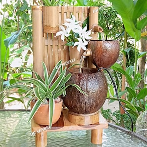 Handmade Coconut Shell Tabletop Fountain with Bamboo Wall