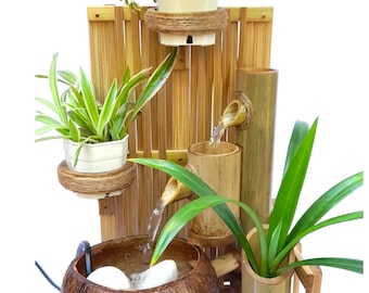 Handmade Coconut Shell Tabletop Fountain with Bamboo Weaving Wall