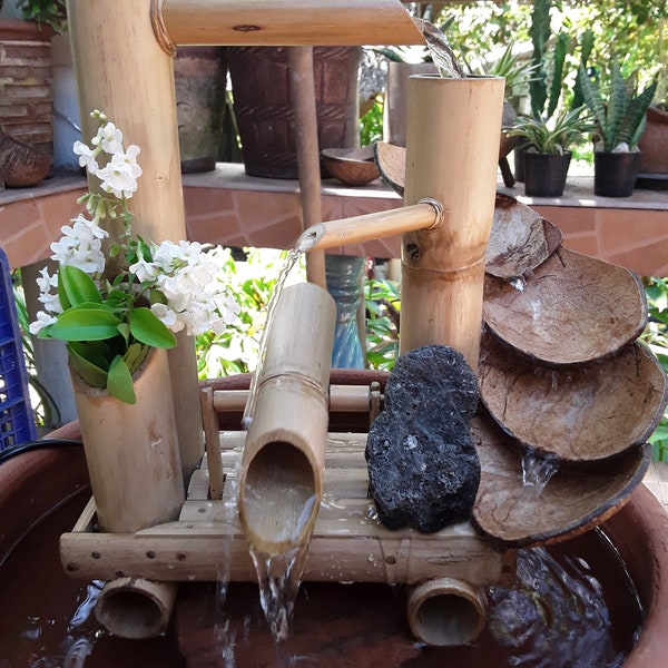 Table top water fountain,mini water fountain, indoor fountain with black tourmarine in quartz real handmake from coconut shell & bamboo