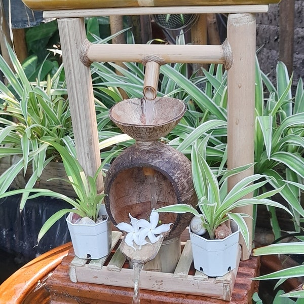 Torii gate fountain mini torii gate style indoor outdoor  fountain  japanese style,  handmake fountain from real coconut shell and bamboo.