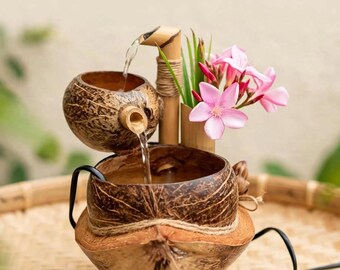 卓上噴水 ココナッツシェル | 手作り竹製ミニ禅噴水 屋内デスク瞑想