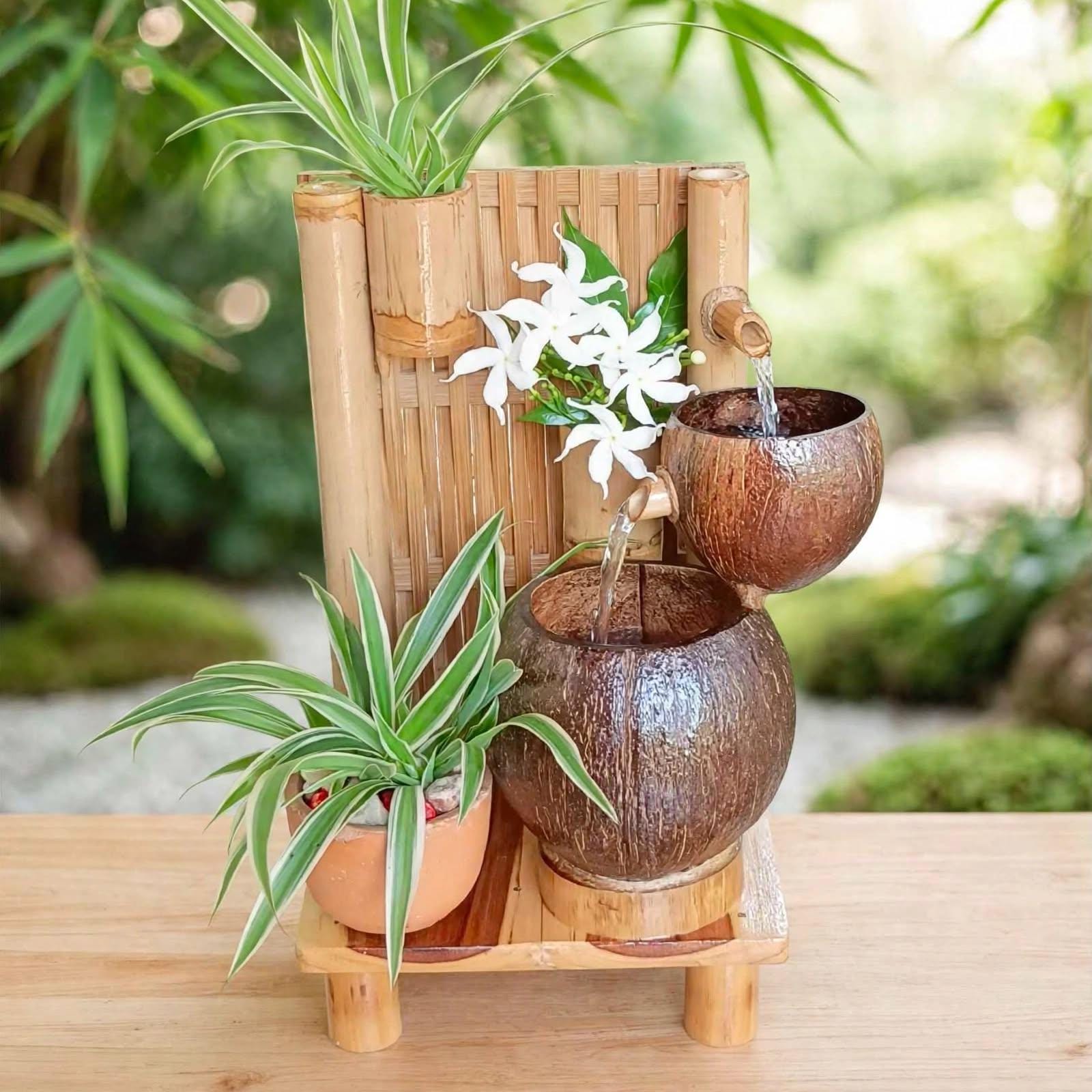 木で出来た飾り ミニ卓上噴水（屋内用）-ココナッツシェル噴水、竹の壁編み、禅風滝