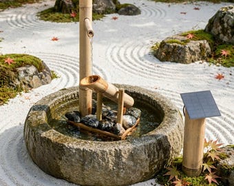 Handmade Solar Shishi Odoshi Bamboo Fountain - Japanese Deer Scarer Sozu Water Feature for Zen Garden, Koi Pond & Outdoor Meditation