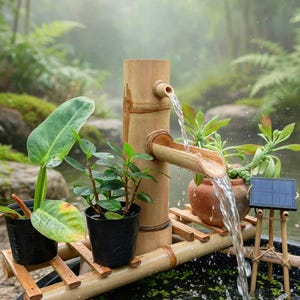 Bambus-Shishi-Odoshi-Brunnen | Inklusive Solarpumpe | Handgefertigt aus natürlichem Bambus | Oberes Becken 38 cm (15 Zoll) für Zen-Garten/Terrasse