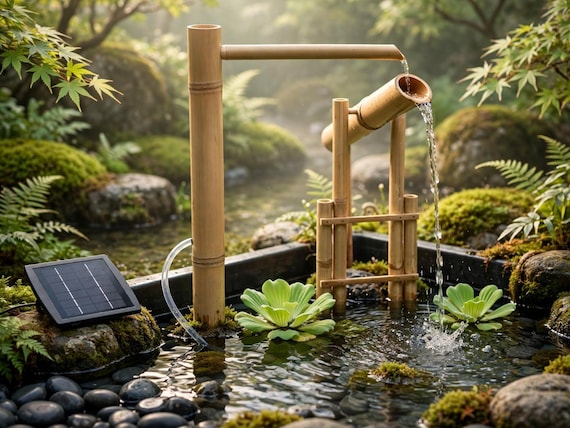 大型二連ソーラー竹噴水、双子獅子大達日本庭園噴水、屋外ソーラー式竹