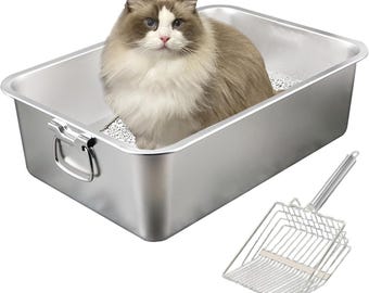 Arenero para gatos de acero inoxidable resistente a la corrosión con asa, incluye pala para arena.