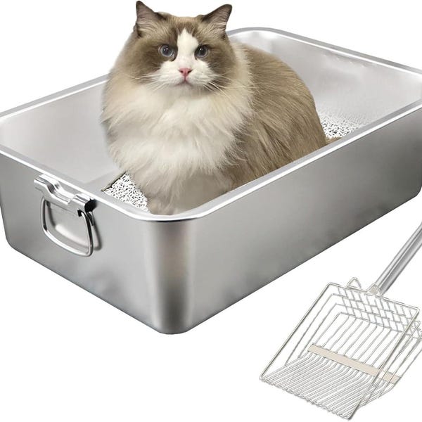 Kattenbak roestvrij staal, roestvrij met handvat, inclusief kattenbak