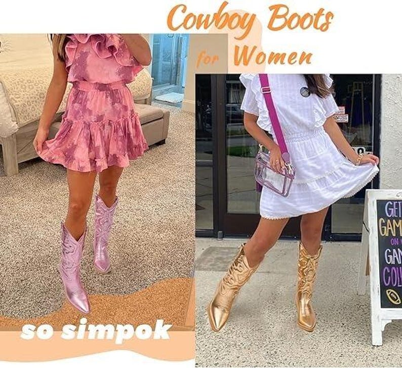 Cowboy Boots für Damen | Snip Toe, Slip On | Größen 6,5 - Gold Bild 7