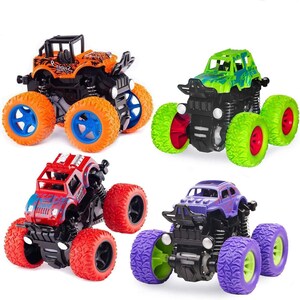 May include: Four toy monster trucks with black chassis and oversized textured tires. One is orange with blue wheels, one is green with red-centered wheels, one is red with black-centered wheels, and one is purple with light green-centered wheels.