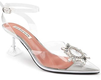 Escarpins transparents à bout fermé pour femme, ornés de strass argentés, pointure 8,5