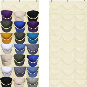May include: A beige over-the-door organizer featuring twenty-four clear plastic pockets arranged in three columns. One organizer is filled with various colored baseball caps, while the other is empty, showing the clear pockets and metal hooks.