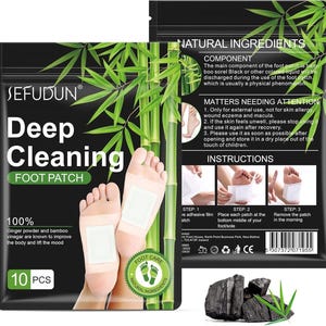 May include: Black package of SEFUDUN Deep Cleaning Foot Patches. The package features an illustration of feet with patches, bamboo stalks, and text. The package contains 10 patches and includes instructions and ingredients.