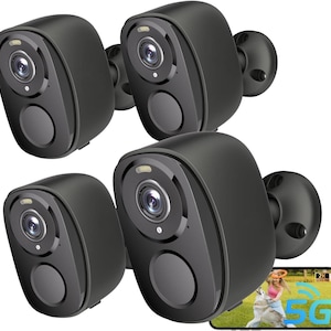 May include: A set of four matte black security cameras, each featuring a circular lens, a small light, and a circular sensor below the lens. A small rectangular inset shows a person playing with a dog, with 2K QUAD HD and 5G text visible.