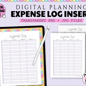 Peut inclure: Un modèle d'insert de journal de dépenses numérique de couleur lilas clair sur fond blanc. Le modèle comporte des colonnes pour la date, la dépense, le montant et les notes. Le modèle est intitulé "journal de dépenses" dans une police d'écriture manuscrite. Le modèle est affiché sur l'écran d'une tablette avec un stylet blanc à côté.
