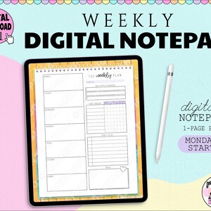 May include: A digital notepad template for weekly planning. The template includes sections for daily tasks, habit tracking, notes, and a weekly overview. The template is designed to be used on a tablet or computer.