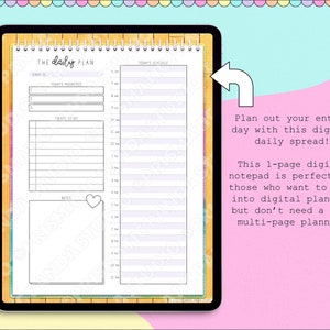 May include: Digital daily plan notepad on a tablet. The notepad features sections for today's priorities, to-do lists, and a schedule. The text "THE daily PLAN" is at the top. A white arrow points to the notepad with the text "Plan out your entire day with this digital daily spread!"