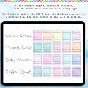 May include: A digital planner with 20 pre-cropped checklist stickers in pastel colors. The stickers are labeled "Unicorn Dreams", "Magical Sunset", "Baby Unicorn", and "Pastel Clouds".