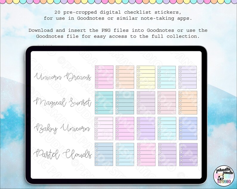 May include: A digital planner with 20 pre-cropped checklist stickers in pastel colors. The stickers are labeled "Unicorn Dreams", "Magical Sunset", "Baby Unicorn", and "Pastel Clouds".
