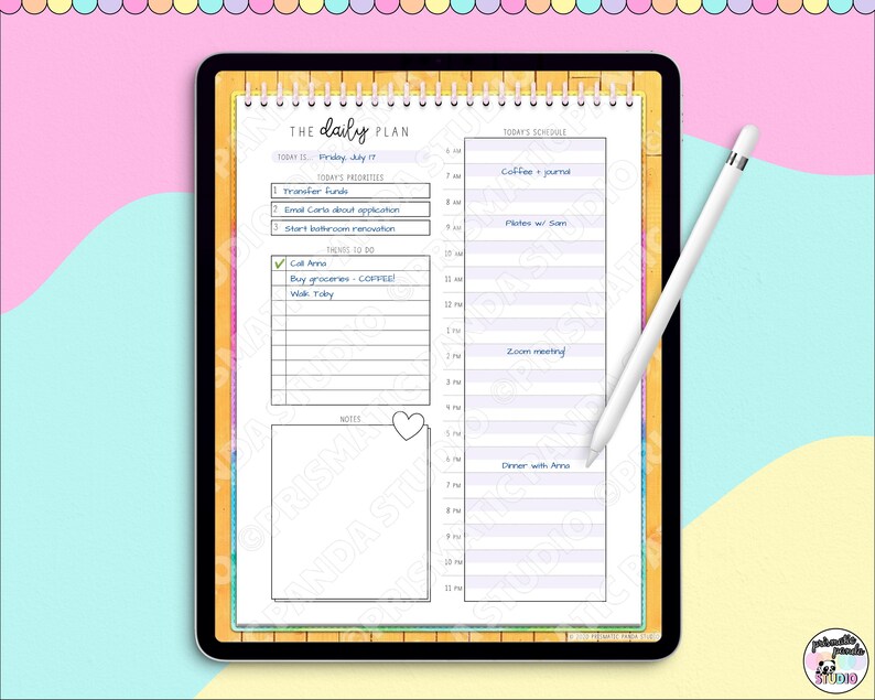 May include: A digital daily planner displayed on a tablet. The planner includes sections for priorities, a schedule, and notes. A white stylus rests on the screen. The text "THE daily PLAN" is visible at the top.
