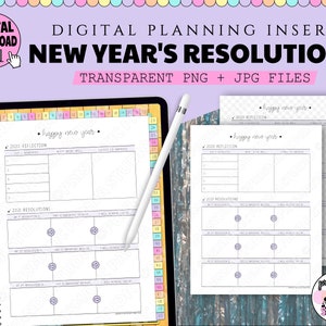 May include: Printable digital planner insert for New Year's Resolutions. The insert features sections for 2020 reflection and 2021 resolutions. The design is in a light purple and white color scheme with a subtle checkered pattern.