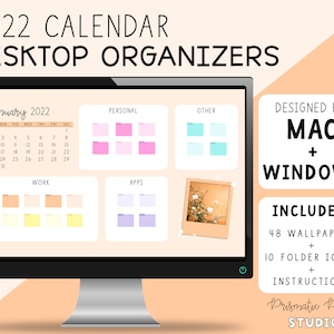 Orange Desktop Organizer Wallpapers | 2022 Monthly Calendar Desktop Organizers | Custom Folder Icons | Mac + Windows