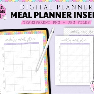 Pode incluir: Um inserto de planificador de refeições semanal digital imprimível com um design branco e roxo claro. O planificador tem seções para o café da manhã, almoço, jantar e lanches. O texto "weekly meal plan" está escrito em itálico.