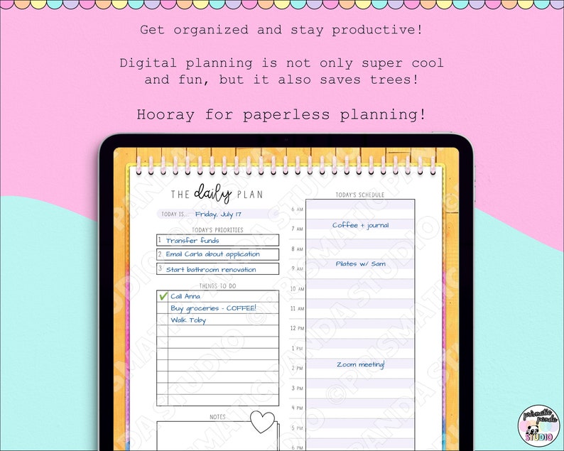 May include: Digital daily planner on a tablet screen. The planner includes sections for today's priorities, schedule, and notes. Text on the screen reads: "Get organized and stay productive!" and "Hooray for paperless planning!"