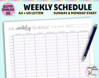 May include: A printable weekly schedule planner with a light purple background and black lines. The planner is designed to start on Sunday and Monday. The planner has space for each day of the week and includes time slots from 6:00 AM to 12:00 PM.