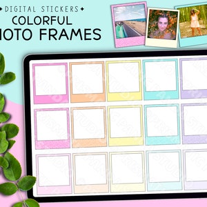 May include: Digital stickers featuring 15 colorful photo frames in various pastel colors. The frames are arranged in a grid on a digital tablet screen. The frames are designed to look like instant film photos.