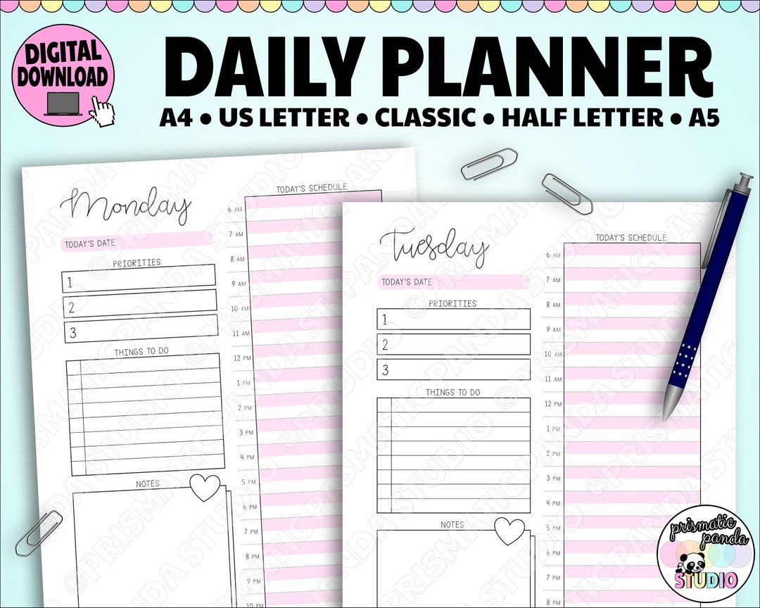Daily Planner Printable, Pink | 30-minute Daily Agenda | Day on 1 Page ...