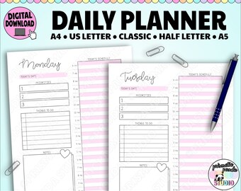 May include: A printable daily planner with two pages, one for Monday and one for Tuesday. Each page has sections for today's date, priorities, things to do, and notes. The pages are decorated with a pink and white striped background and a heart.