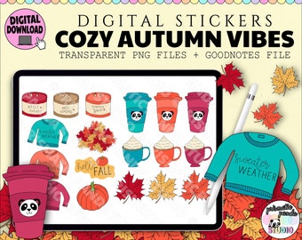 May include: Digital stickers featuring a cosy autumn theme. The stickers include illustrations of candles, coffee cups, jumpers, pumpkins, and autumn leaves. The text "hello fall" and "sweater weather" are included in the design. The stickers are transparent PNG files and are compatible with Goodnotes.