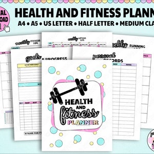 May include: A printable health and fitness planner with a pink, yellow, and blue color scheme. The cover features a dumbbell with the text "HEALTH AND fitness PLANNER".